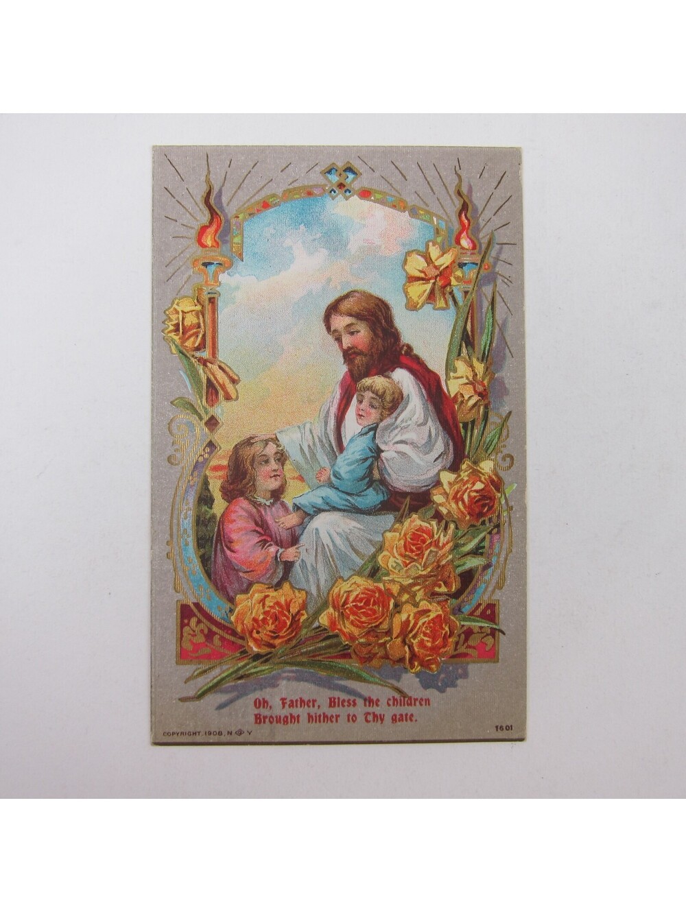 Postcard Jesus Bless the Children Prayer Brought Thy Gate Flowers Antique 1909